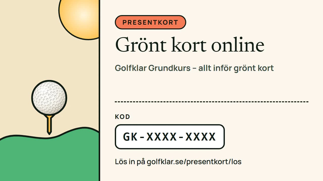 Golfklars presentkort med rubriken Grönt kort online, en presentkortskod och adressen där koden löses in